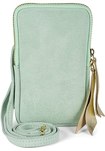 styleBREAKER Damen Leder Handy Umhängetasche aus weichem Veloursleder, Reißverschluss, Echtleder Mini Bag 02012373, Farbe:Mint