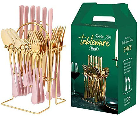Juego De Cubiertos De Cocina De 24 Piezas, Acero Inoxidable 430, Juego De Cubiertos Para 6 Personas, Juego De Cubiertos ÚNico Con Soporte De Bandeja, En Caja De Regalo (rosa)