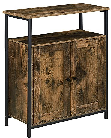 Commode Stylée pour Salon Meuble de Rangement avec Compartiments Fermés à Portes Table de Chevet pour Chambre Pieds en Fer Panneau de Particules 79 x 60 x 30 cm Noir Effet Bois Foncé
