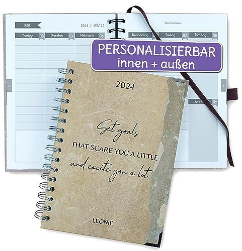 FEENSTAUB Taschenkalender 2025, mit Namen & Wunschtext personalisierter Taschenplaner, Organizer, Kalender A5, Terminplaner selbst gestalten Terminkalender 2025, Stein