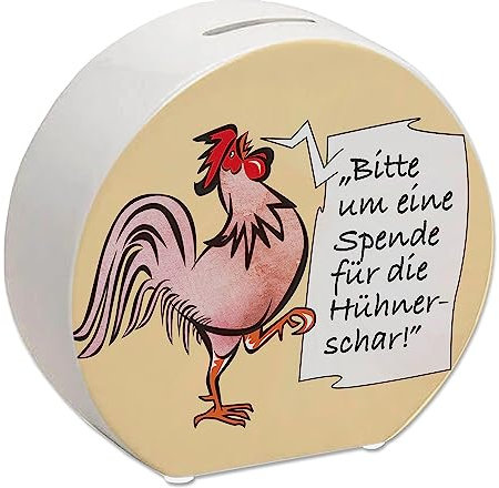 Spardose mit Hahn Motiv in rot zum Thema Trinkgeld und lustigem Spruch schöne Sparbüchse als Geschenk für Sparfüchse die Hühner mögen und eine Hühnerschar auf dem Bauernhof haben