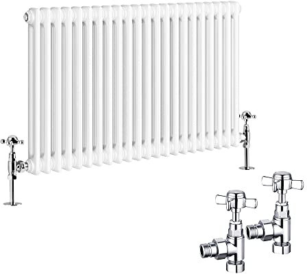 NRG Traditional Radiator 600 x 1010mm Horizontal Cast Iron Radiators Central Heating Gloss White Double Column with Angled Pair of Valves
