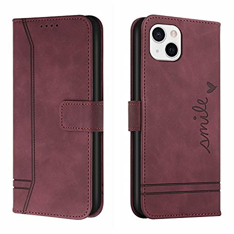QIWEIQING Funda iPhone 13 con Tapa, Funda Movil iPhone 13, Funda Libro iPhone 13 Carcasa Magnético Funda para iPhone 13 .Red Wine HX