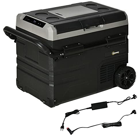 Outsunny Nevera Compresor Portátil 60L Nevera Portátil Eléctrica para Coche Congelador CC 12V/24V hasta -20℃ con Pantalla LED Táctil Asa Retráctil Ruedas para Camping Viajes 71,1x46x57,1 cm Negro