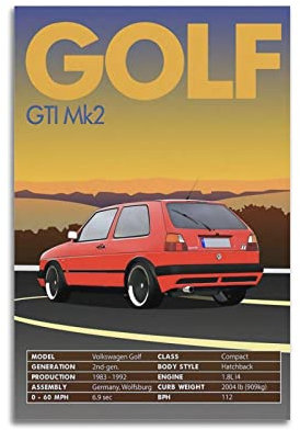 Vintage Sport Auto Poster für Golf GTI MK2 Supercar Poster Dekorative Malerei Leinwand Wand & Kunstdruck Moderne Familie Schlafzimmer Dekor 30 x 45 cm
