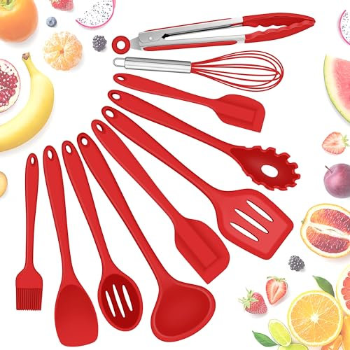 Herogo Küchenutensilien Set, 10 Stück Silikon Kochutensilien Set, kochgeschirr kochbesteck pfannenwender küchenset für Kochen Backen, Kratzfest & Hitzebeständig, Ungiftig & Spülmaschinenfest (Rot)