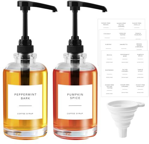 ELICNA Kaffee Sirup Spender Glas Set 2 x 500 ml Sirup Pumpspender mit 36 Aufkleber 1 Trichter Kaffeesirup Pumpspender für Küche Coffee Bar Sirup Pumpspender Kaffeesirupspender