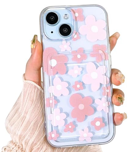 NITITOP Compatible for iPhone 14 Plus Case Clear with Card Holder Cute Floral Flower Phone Cover for Women Girl Protective Soft TPU Shock-absorbing Wallet Case - Pink Floral