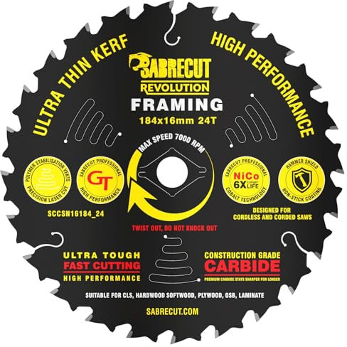 1 x SCCSN16184_24 SabreCut 184mm 24 dents x 16mm haute performance trait ultra fin bois contreplaqué panneaux de particules MDF lame de scie circulaire
