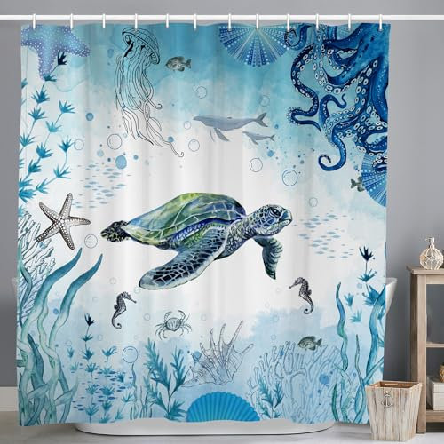 ASDCXZ Maritim Duschvorhang 180x200 cm, Blau Meerestiere Schildkröte Hippocampus Oktopus Nautische Bad Waschbar Duschvorhänge Polyester Textil Wasserdicht Badevorhang für Badewanne mit 12 Haken