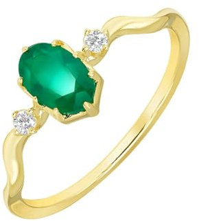 Ayoiow Ring für Frauen Gold 9K Wave Band Mit Grünem Chalcedon Und Weißem Cubic Zirkonia Verlobungsring Paar Frauen