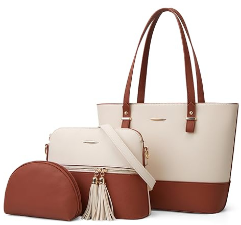 DORRISO Damen Handtaschen Set 3-teilig, Elegante Shopper Tasche PU Leder mit Umhängetasche und Kosmetiktasche, Große Schultertasche für Arbeit, Freizeit, Shopping und Reise Weiß mit Braun