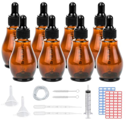 Episkey 8Stk Pipettenflasche Glasflasche 30ml, Apothekerglas Tropfflasche Birnenform Bernsteinglas Set mit schwarzer Pipettenkappe&Hilfszubehör für Ätherische Öle Parfüm Lösungen DIY (Braun 30ml)
