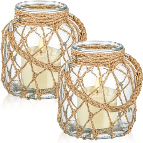Blushtier 2 Pcs Coastal Glass Jar Battery Operated LED Flameless Candle Lantern with Rope Handle Hanging Mason Nautical Jar Flameless LED Tea Lights Candles for Party Table Sea Beach Decoration