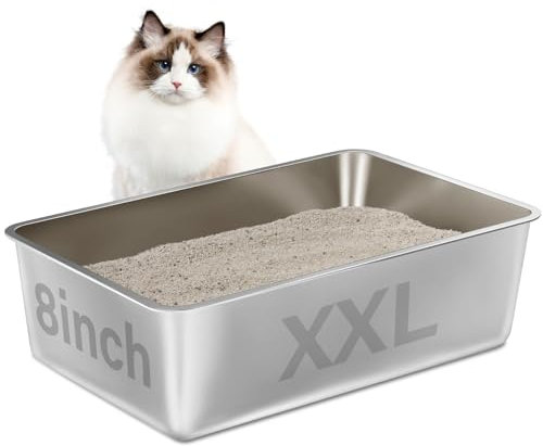 LEGOURNS Edelstahl-Katzentoilette, 60 x 40 x 20 cm (tief), Edelstahl-Katzentoilette, XXL mit hohen Seiten, antihaftbeschichtet, kein Geruch, leicht zu reinigen, Jumbo-Metall-Katzentoiletten für