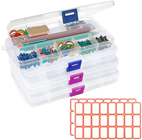 TANCUDER 4 Stück Sortierboxen, Plastik Aufbewahrungsbox, Sortimentskasten mit Deckel, Sortierbox mit 15 Fächern, Transparenter Schmuck Organizer Box mit 4 Blatt Etikett für Ohrringe, Halsketten, Ringe