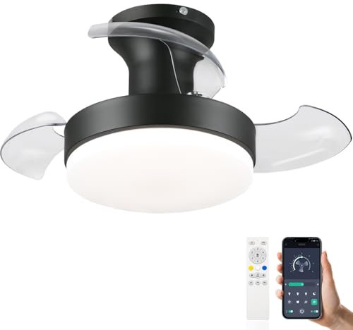 Lampada Ventilatore Da Soffitto Con Pale A Scomparsa Retrattili, Lampadario Led Con Ventola Invisibile Design, 6 Velocità Con Timer, Pale Da Soffitto Con Luce E Telecomando Per Camera Da Letto-Nero