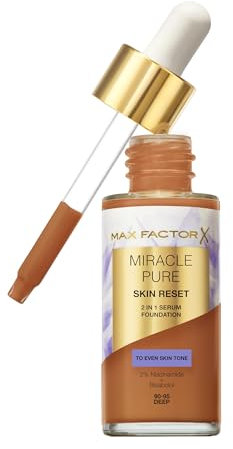 Max Factor Miracle Pure Skin Reset Serum Foundation 90-95 Deep, 2-in-1 Serum-Formel, gesund aussehende Haut, mittlere Deckkraft, seidenmattes Finish, 2% Niacinamid, dermatologisch getestet