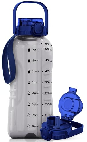 AQUAFIT 64 oz Water Bottle with Time Marker - 2in1 Straw & Chug Lid - BPA Free Big Gym Bottle with Strap - Water Jug (Clarity)