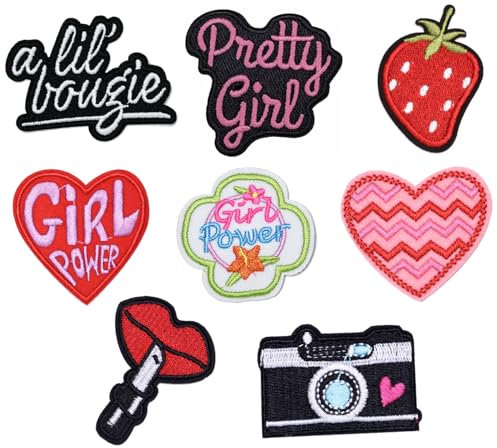 9 Pcs Girl Power/Pretty Girl/Heart Logo/Heart Camera Sew on or Iron on Embroidery Patches