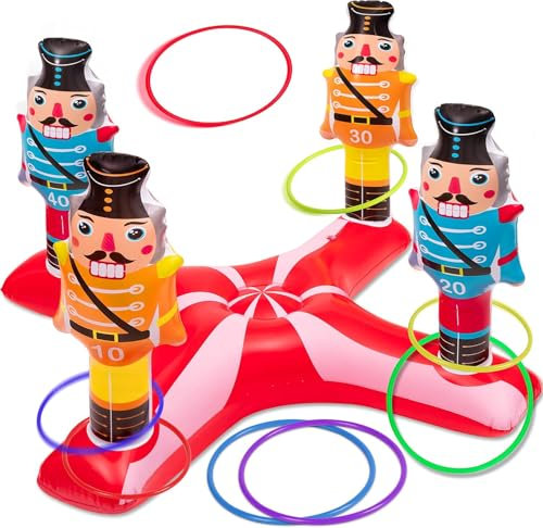 KAHEIGN Set di Giochi di Lancio Dell'anello dello Schiaccianoci Gonfiabile di Natale, 79cm x 34cm Schiaccianoci Gonfiabile con 8 Plastica Anelli per Natale Festa Vacanza Famiglia Divertimento Giochi