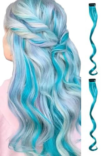 2 x Clip-In Hair Extension Highlights Streaks, Colourful Hair Highlights (Curly Turquoise x 2)