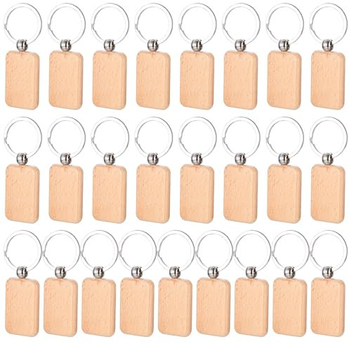 25 Pièces Porte-Clés en Bois Vierges, Porte Clés Bois Brut avec Anneaux, Porte-clés rectangle Naturel Personnalisé pour Bricolage Artisanat Gravure Pyrogravure