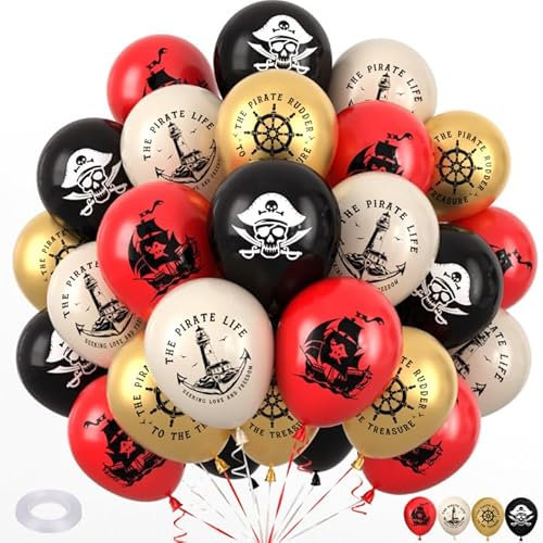 G.C 50 Stück Piraten Kindergeburtstag Luftballons, Pirat Geburtstagsdeko,Rot Gold Schwarz Beige Ballons mit Piratenschiff Und Totenkopfmuster, Piraten Party Deko Geburtstag Deko für Kinder Erwachsene
