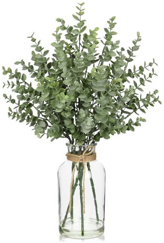 Hollyone Künstliche Eukalyptus Zweige mit Klarglas Vase, 48cm Gefälscht Pflanze Deko Eukalyptus Blätter für Hochzeit Tischdeko Büro Wohnzimmer Küche Dekoration