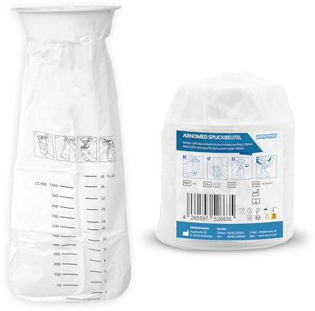 100x ARNOMED Spuckbeutel, LDPE-Kotztüten flüssigkeitsdicht, Spuckbeutel mit Ring auslaufsicher, Spucktüten 1000ml, Kotzbeutel Reise & Schwangerschaftsübelkeit, Brechbeutel Kinder & Erwachsene