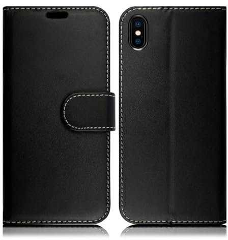 Leather Case Compatible with iPhone X/XS – Premium Leather Wallet Flip Cover with Kickstand and Card Slots For iPhone X (Black)