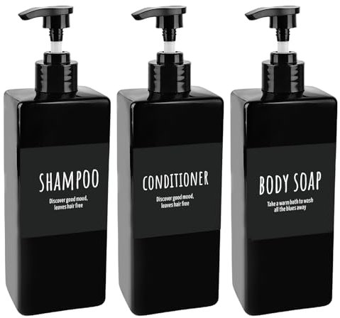 Botellas de champú para rellenar, 500 ml, 3 bombas rellenables, dispensador de champú, dispensador de plástico, dispensador de gel de ducha, dispensador de detergente con etiquetas para ducha y