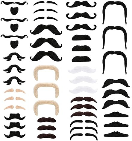 KarneLux Schnurrbart zum Ankleben 48er Pack - Selbstklebende Schnauzer, Oberlippenbärte und mehr - Klebebart für Karneval und Motto Party
