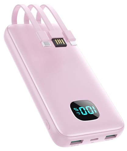 Power Bank Portable Charger with 3 Built-in Cables,Ultra Slim 13800mAh PD 3.0A USB-C Battery Pack,LCD Display 5 Outputs Travel Essentials Powerbank for iPhone 16/15/14/13/12 Series,Android etc