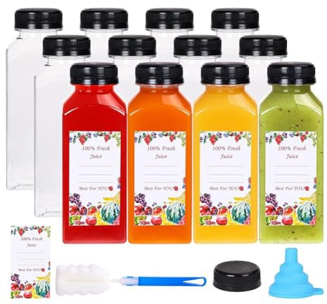 Losueeun Lot de 12 bouteilles de jus en plastique de 300 ml avec bouchons inviolables, récipients à jus transparents réutilisables avec étiquettes, entonnoir et brosse