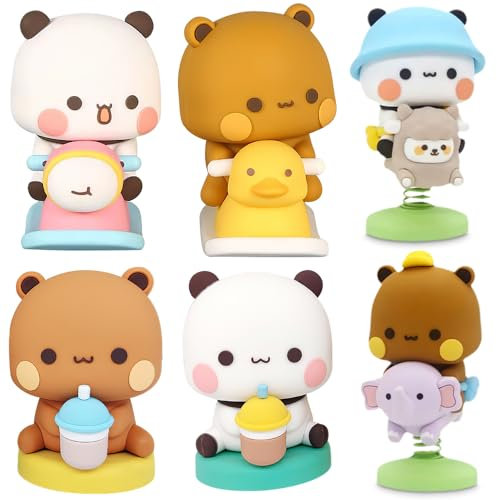 YANGUN 6 Stück Bubu Dudu Wackelfigur Auto, Panda-Bär Kawaii Auto Deko Ornament, Bubu Dudu Cartoon Panda Bär Figur, Niedlicher Wackelkopf Car Geschenk für Mädchen Jungen, Büro Desktop Zimmer Dekoration