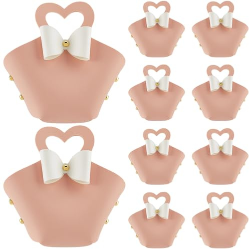 CALFOVERA 10 Set di Mini Borse in Pelle PU Sacchetti Regalo in Pelle Rosa con Fiocco Scatole per Bomboniere Riutilizzabili Sacchetti per Caramelle con Manico A Forma di Cuore per Compleanni