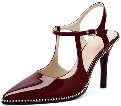 EDEFS Damen Pumps mit Knöchelriemen T-Riemen Schuhe Stiletto Absatz Brautschuhe Slingback Pumps Elegante Lack Bordeaux EU38