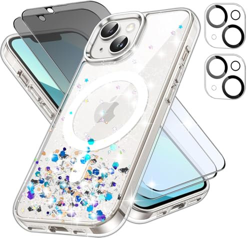 5-in-1 Glitzer Hülle für iPhone 13 / iPhone 14 mit 2X Sichtschutz folie 2X Kameraschutz folie Silikon Schutzhülle für Mädchen, sichtschutz panzeglas Handyhülle mit MagSafe Kabellosem Laden Stoßfest