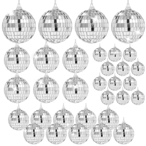 CATELL 32 Stück Discokugel Deko, Mini Discokugel Klein Discokugeln 2,3cm 3cm 4cm 5cm Hängekugel Spiegelkugel zum Aufhängen Silber Discokugel für Kuchendekoration Bar Party Urlaubsdekoration (mit Seil)