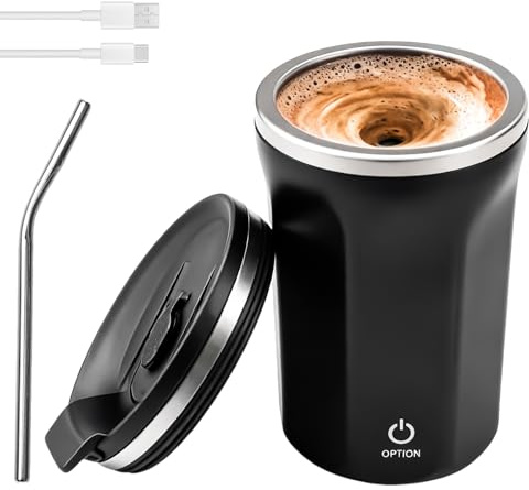GAOUTO Tasse à café électrique automatique 380 ml avec agitateur automatique et paille, tasse mélangeur magnétique, tasse mélangeuse électrique pour café, protéines, poudre, thé