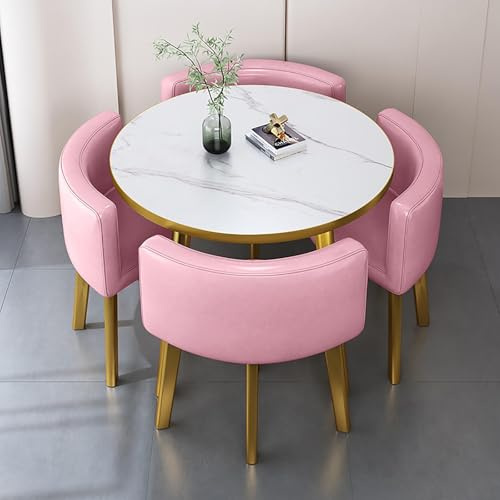 Modern Faux Marble Round Dining Table Set with 4 Chairs Elegant Wood Dinner Table for 4 Stylish Conference & Reception Table Farmhouse Kitchen & Living Room (Pink)