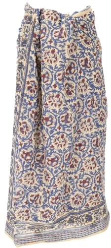 GURU SHOP Leichter Pareo Schal, Sarong, Handbedrucktes Baumwolltuch, Lungi mit Webbordüre - Blau/bordeauxrot, Herren/Damen, 190x120 cm