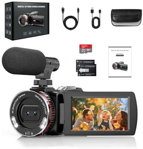 Videocamera 4K 48MP Camcorder con Zoom Digitale 21X, Video Camera con Microfono Esterno, Cavo HDMI, Telecomando, 2 Batterie, Scheda TF da 32 GB, Schermo da 3,0 270° per Vlogging Camera per YouTube