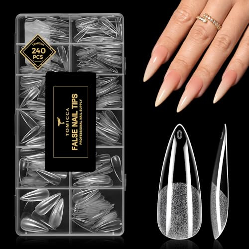 TOMICCA Long Almond Clear Press on Nails - 240PCS 12 Sizes Full Cover Nail Tips, for Nail Extension & DIY Nail Art, Pre-shaped Half Matte Acrylic Nail Kit for Women & Girls