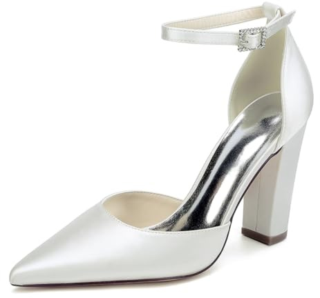 LRMYMHY Chaussures De Mariage en Satin À Bretelles De Cheville pour Femmes Talons À Talons Blocs Talons De Mariée À Bout Pointu,Ivoire,39 EU