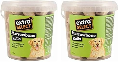 Extra Select Marrowbone Rolls Dog Treat - Crunchy Biscuits & Snacks with Meaty Center - Marrow Bone Puppy Treats & Bedtime Biscuits for Dogs - 1 Litre Resealable Tub (Pack of 2)