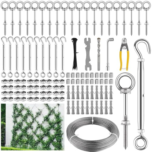 Kalolary T316 - Kit de enrejado de alambre de pared tensado de 150 pies para plantas trepadoras, enrejado de jardín de acero inoxidable T316 con tensor de tensor de tensor de pared, enrejado de