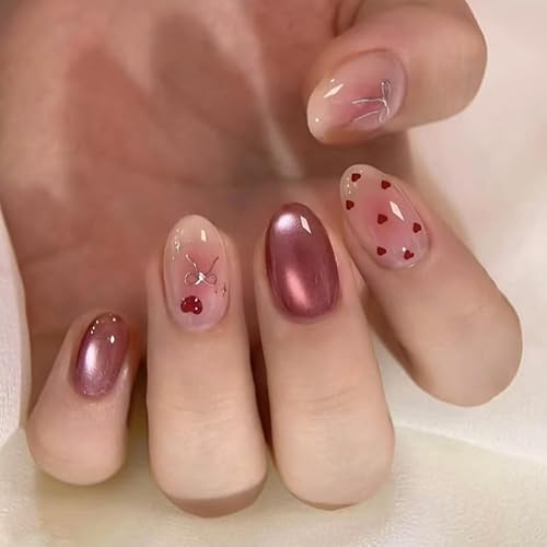 MouyouGlow 30PCS Press on Nails Kurz,Almond Valentine Wine Rot Cat Eye Magnetic Herz Silber Schleife Fliege Bow Tie Design Short Fake Nails,Bordeaux Rot Sweet INS Artificial Künstliche Fingernägel