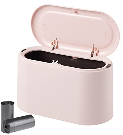 Poubelle de Table avec Couvercle à Bouton-Poussoir, Mini Poubelle avec 2 Rouleaux de Sacs Poubelles, Petite Poubelle Design, Poubelle Plastique pour Salle de Bain Bureau 22 * 11 * 13cm